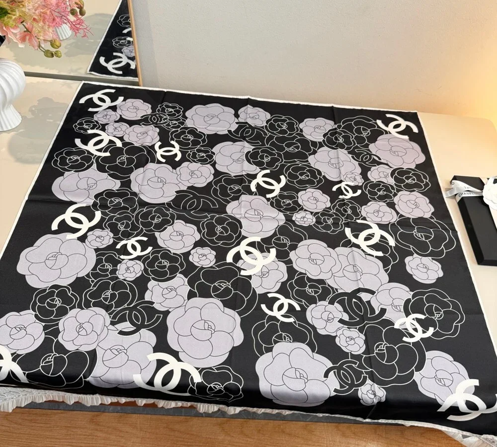 Chanel Camellia & CC Logo Silk Scarf (Black & Lilac)